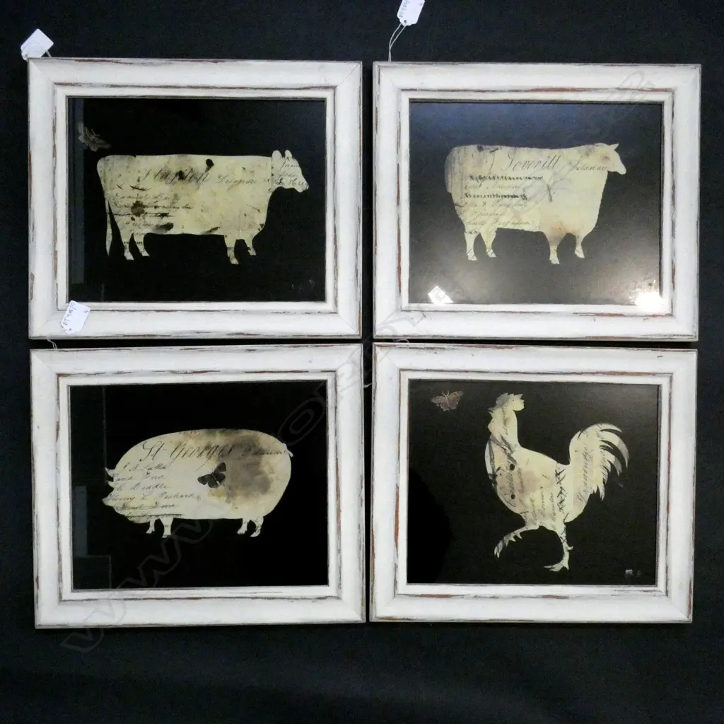 SET 4 COUNTRY STYLE ANIMAL SILHOUETTES; PIG, COW, SHEEP, ROOSTER230x290mm Image 1++
