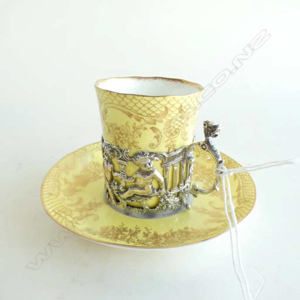 CHINA DEMITASSE CUP& SAUCER IN SILVER HOLDER (professional restoration) LONDON 1898 Image 1++