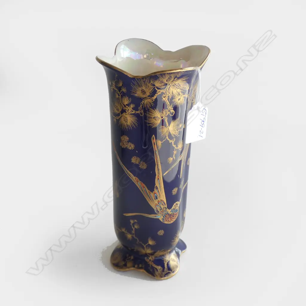 CROWN DUCAL GILT HUMMINGBIRDS ON BLUE CYLINDER VASE H.215mm Image 1++