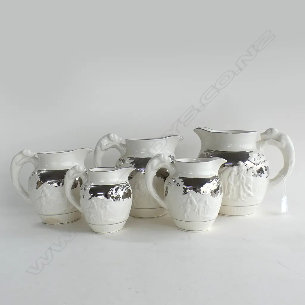 5 GRADUATED WEDGWOOD JUGS W SILVER LUSTRE HUNTING SCENES & DOG HANDLES - LARGEST H 190MM  Image 1++
