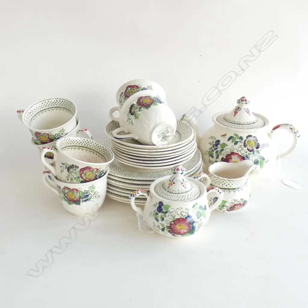 MASONS PAYNSLEY TEA SET; TEAPOT; 7 TRIOS, LIDDED SUGAR & MILK JUG + SPARE PLATE & SAUCER - SOME PCS HAVE DARK CRAZIN Image 1++