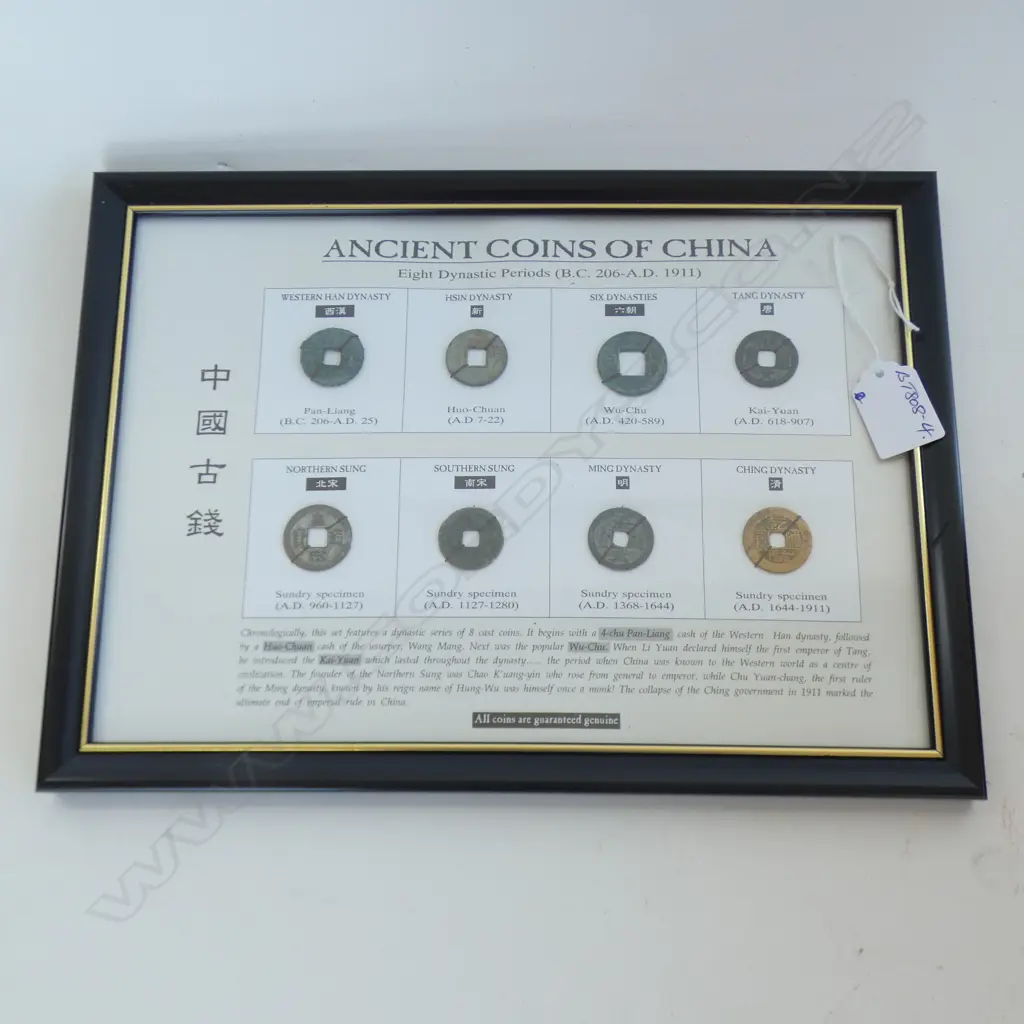FRAMED DISPLAY 'ANCIENT COINS OF CHINA' 8 COINS TOTAL Image 1++