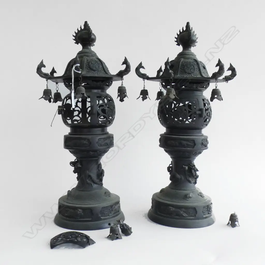 TWO BRONZE LANTERNS, SOME FAULTS, H. 480MM Image 1++