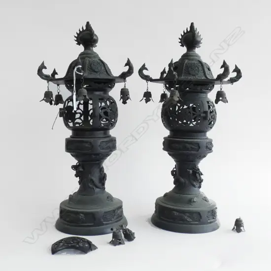 TWO BRONZE LANTERNS, SOME FAULTS, H. 480MM