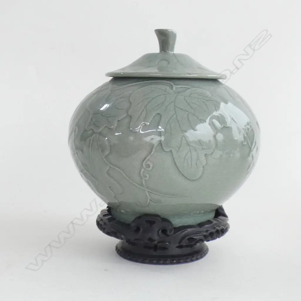 SA JOON LIM CELADON LIDDED POT WITH STAND H. 250MM SIGN.TO BASE  (COMES WITH PAPERWORK) REPAIR TO LID STEM Image 1++
