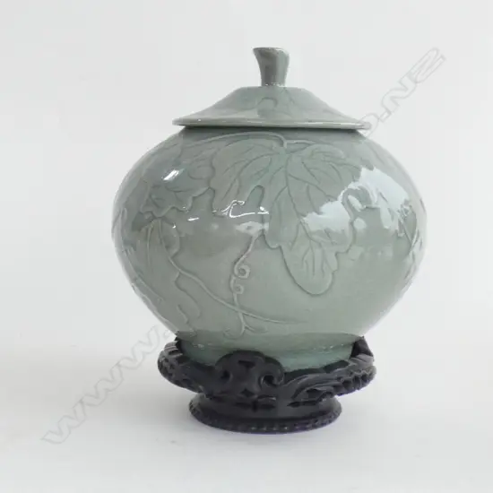 SA JOON LIM CELADON LIDDED POT WITH STAND H. 250MM SIGN.TO BASE  (COMES WITH PAPERWORK) REPAIR TO LID STEM