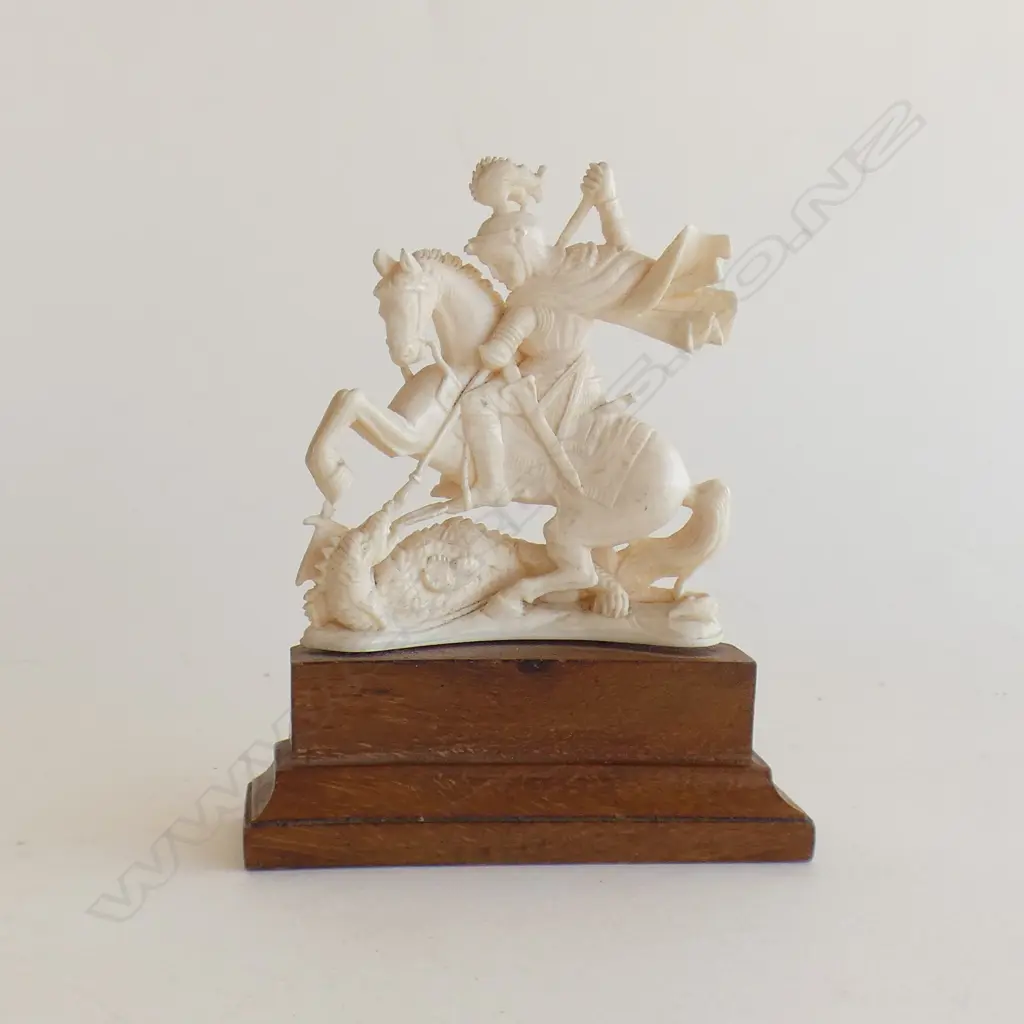 IVORY FIGURINE ON STAND; ST. GEORGE SLAYING THE DRAGON H.105mm Image 1++
