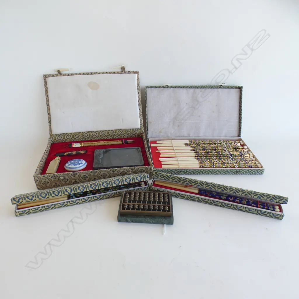 BOXES CHOPSTICKS 2 SETS OF 2 + SET 6 + ORIENTAL CALIGRAPHY SET  - ALL IN ORIGINAL BOXES + SM MARBLE & BRASS ABACUS (90X6 Image 1++
