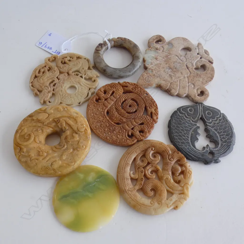 8 ASST. CIRCULAR ORIENTAL CARVED STONE DISKS / TOKENS ETC 65mm dia Image 1++