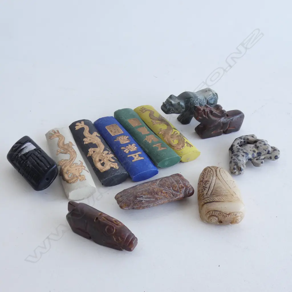 7 ORIENTAL CARVED STONE ANIMALS + 5 DRAGON STICKS H.80mm  Image 1++