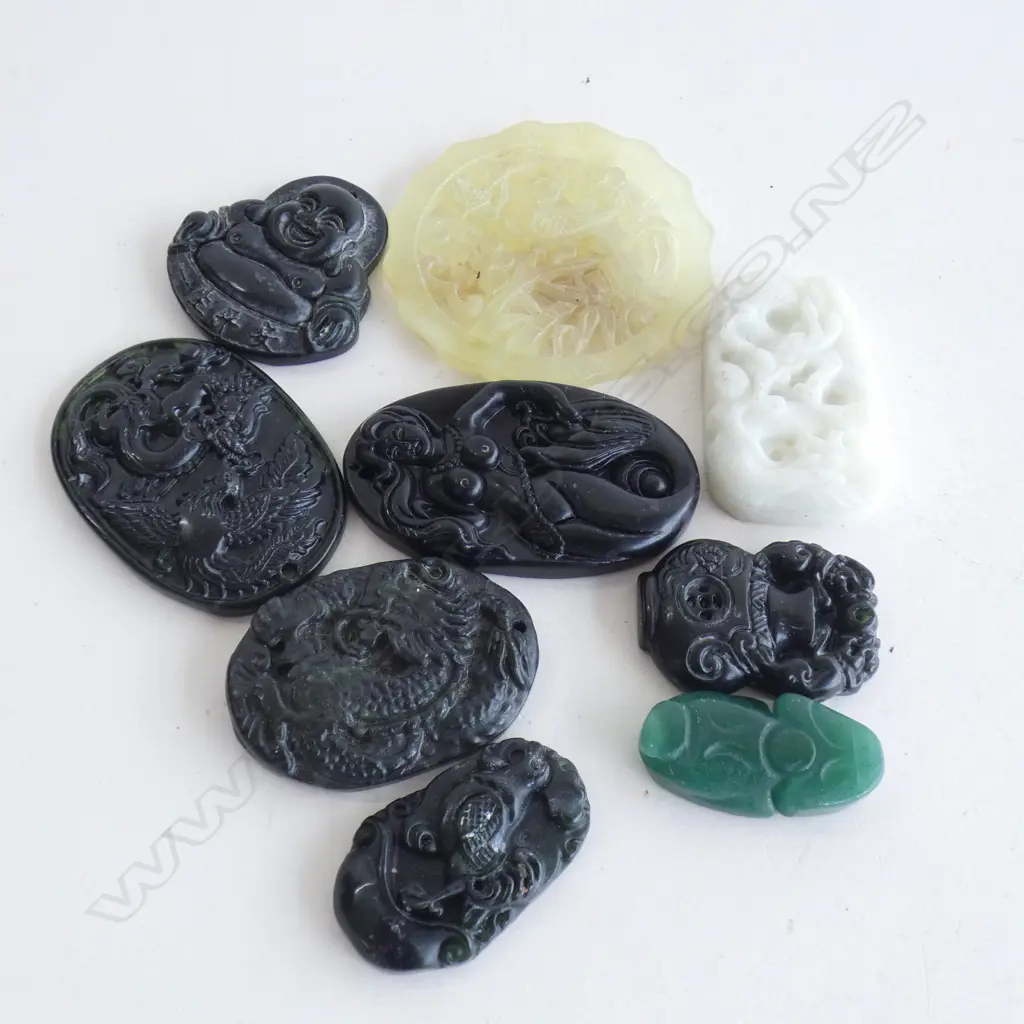 9 ASST. ORIENTAL JADE LIKE PENDANT CARVINGS Image 1++