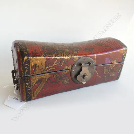 CHINESE LACQUERED PILLOW gilt highlights brass fittings