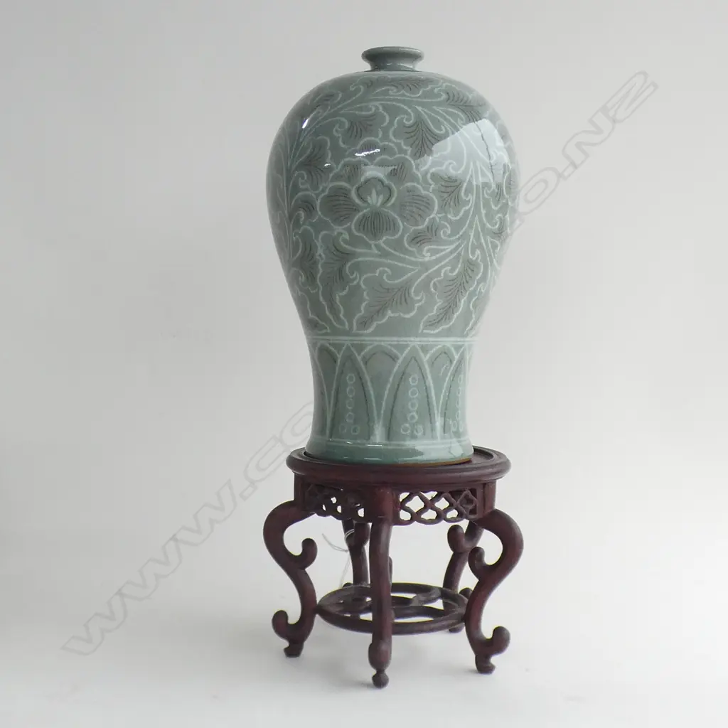 ORIENTAL CELADON(?) VASE WITH WOODEN STAND (460MM) Image 1++