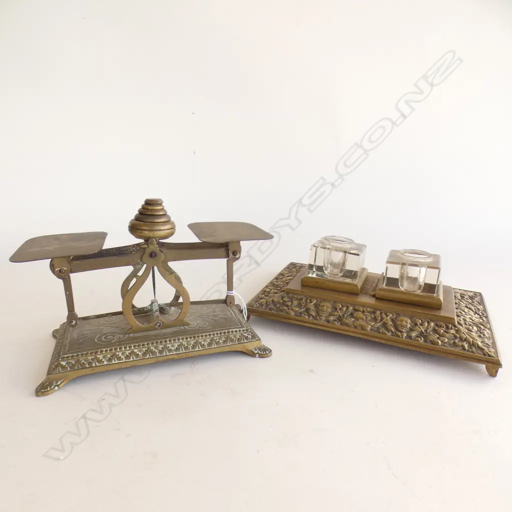 VINTAGE BRASS DOUBLE INKWELL + SCALES w. WEIGHTS Image 1++