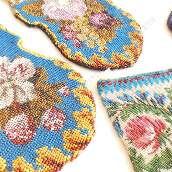 3 ANTIQUE BEADED PURSES some af + 2 BEADED PANELS