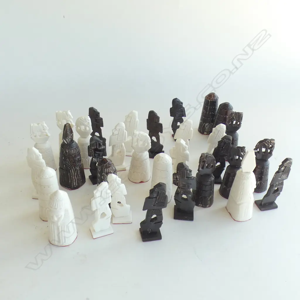 CARVED BONE TRIBAL CHESS SET, COMPLETE  Image 1++