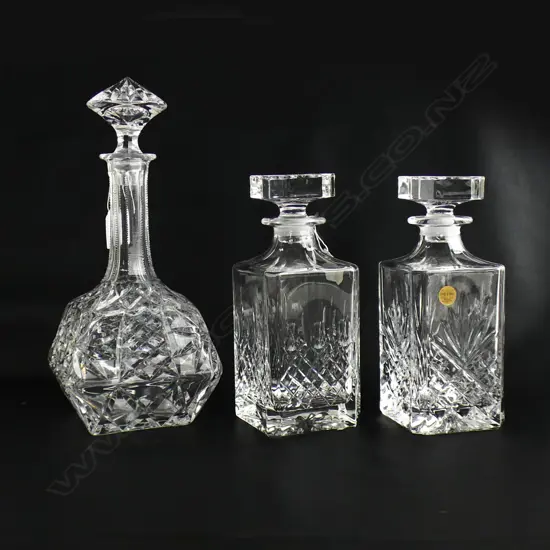 3 CRYSAL DECANTERS; SQUARE PR + OTHER