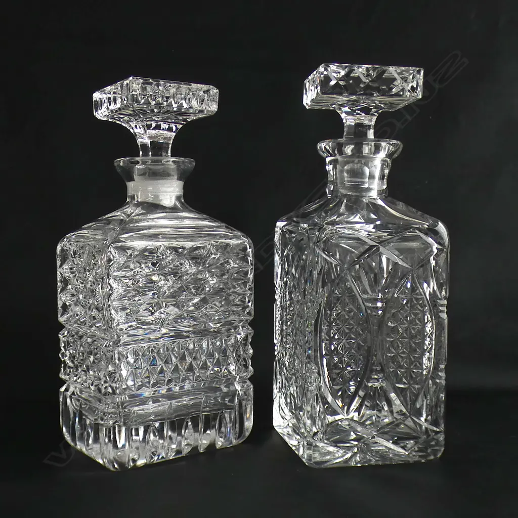 TWO SQUARE CUT GLASS DECANTERS H 225MM Image 1++