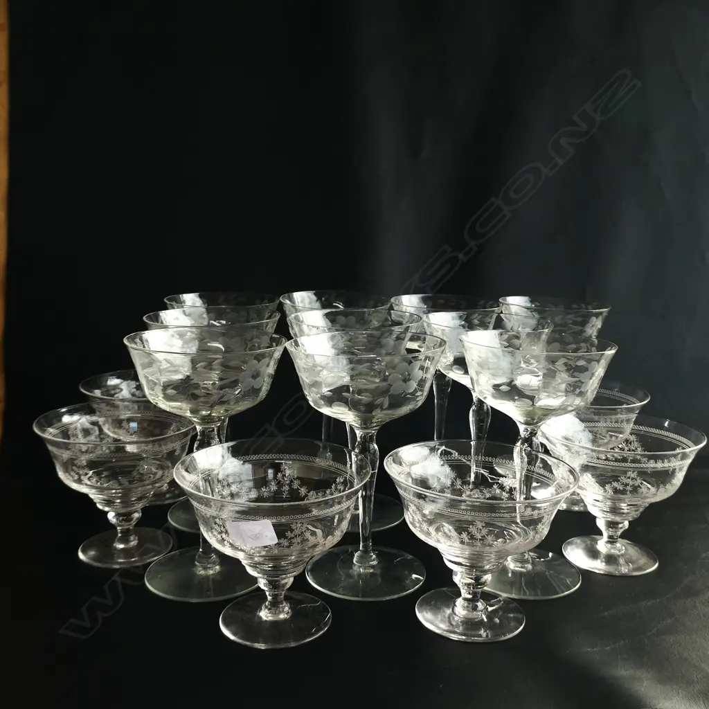SET 6 STUART CRYSTAL SWEET DISHES & 10 EDWARDIAN ETCHED CHAMPAGNES Image 1++