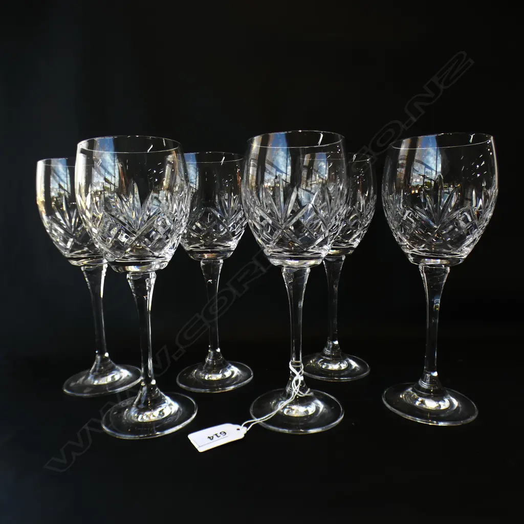 SIX HEAVY CUT CRYSTAL STEMMED WINE GLASSES Image 1++