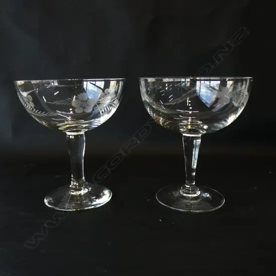 12 MATCHING VINTAGE ETCHED GLASS CHAMPAGNE SAUCERS 