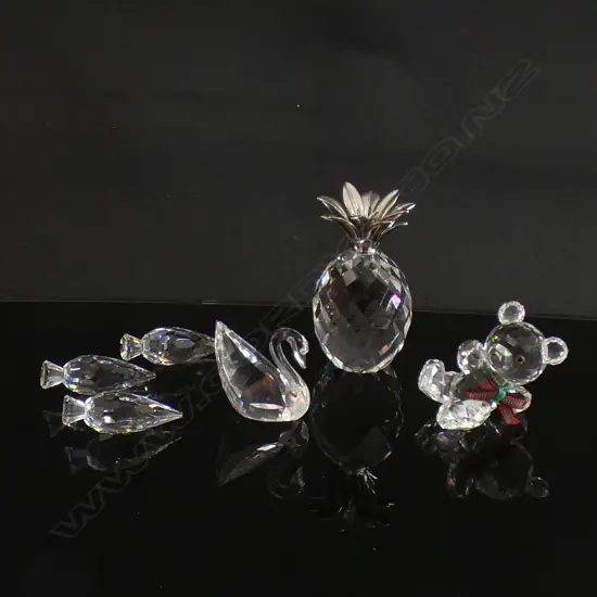 4 SM SWAROVSKI CRYSTAL PCS; PINEAPPLE (H48MM),  SET 3 FIR TREES, SWAN & TEDDY BEAR  EACH IN ORIGINAL BOX