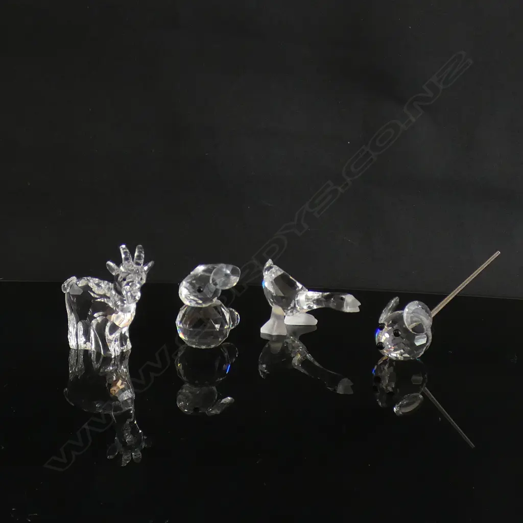4 SM SWAROVSKI CRYSTAL ANIMALS; MOUSE, RABBIT, GOAT & GOOSE (L 45MM) EACH IN ORIGINAL BOX Image 1++