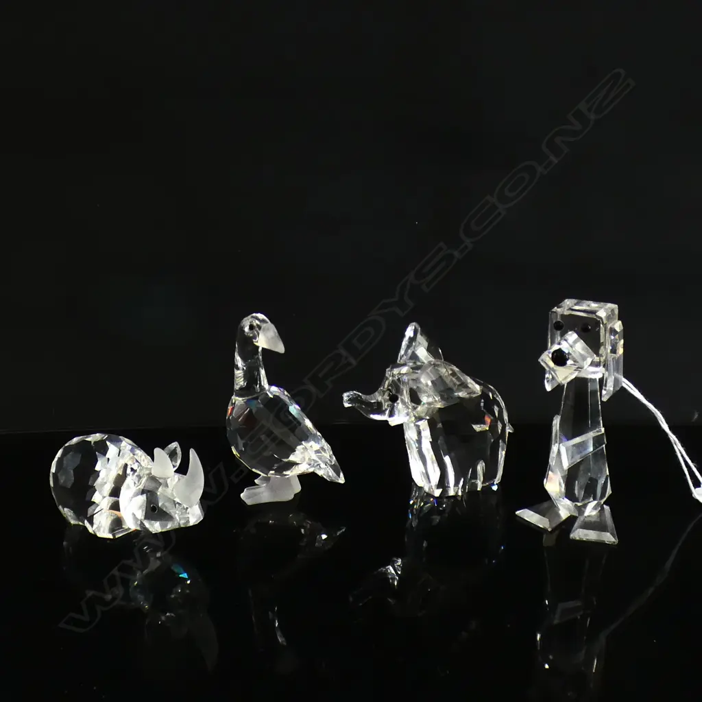 4 SWAROVSKI CRYSTAL ANIMALS; GOOSE, DOG, ELEPHANT & RHINO (L70MM)  EACH IN ORIGINAL BOX Image 1++