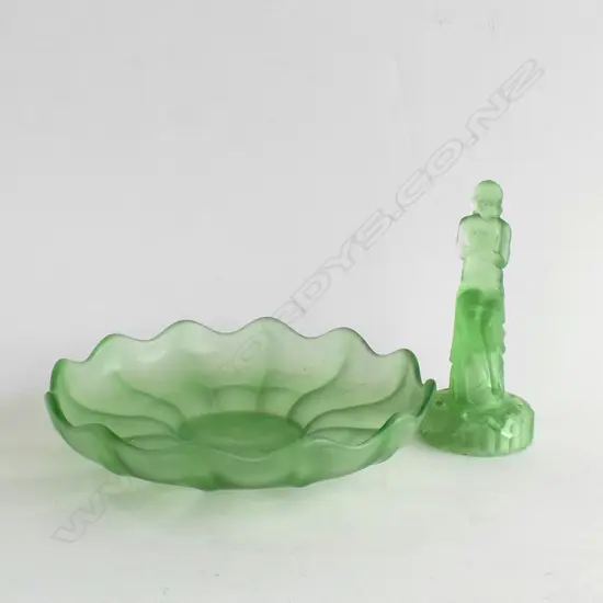 ART DECO URANIUM GLASS LADY FIGURE ON STUMP WITH FLUTED FROSTED BOWL (DIA 195MM) BASE FIG HAS CHIPS &  INTERNAL CRACKS 