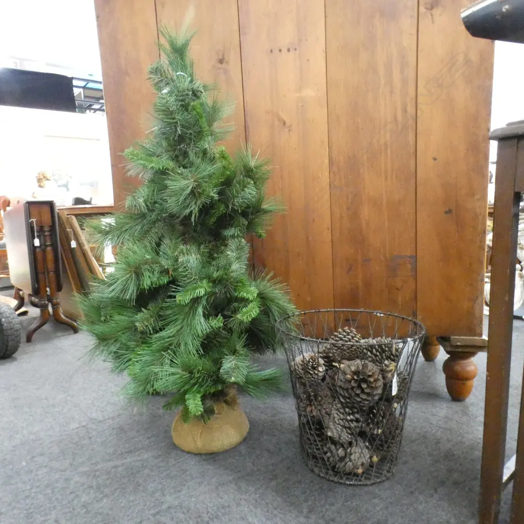 METAL BIN w. PINECONES H.300mm + FAUX XMAS TREE H.900mm Image 1++