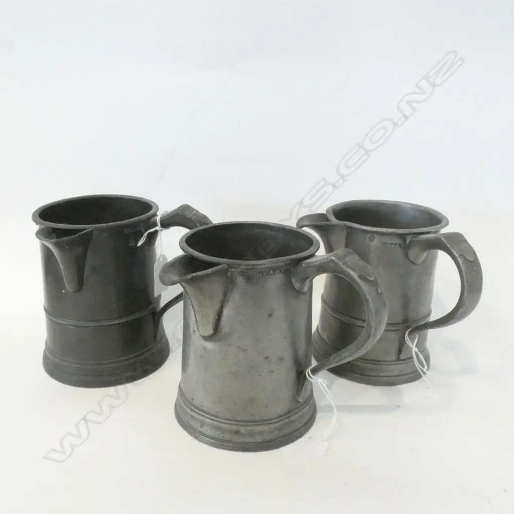 3 VICTORIAN PEWTER QUART MUGS CONVERTED w. SPOUTS Image 1++