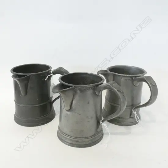 3 VICTORIAN PEWTER QUART MUGS CONVERTED w. SPOUTS
