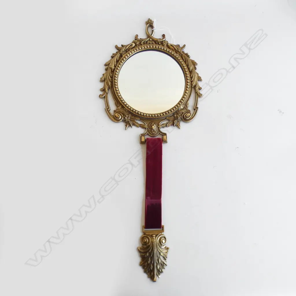 ORNATE BRASS MIRROR w. RED VELVET DROP H.615mm Image 1++
