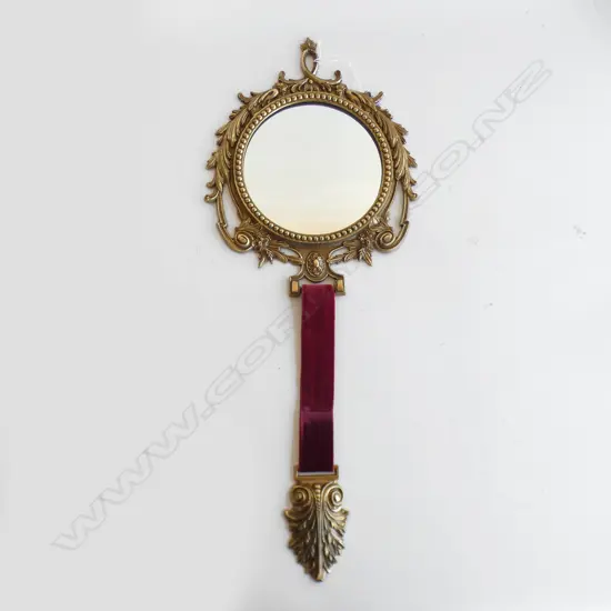 ORNATE BRASS MIRROR w. RED VELVET DROP H.615mm