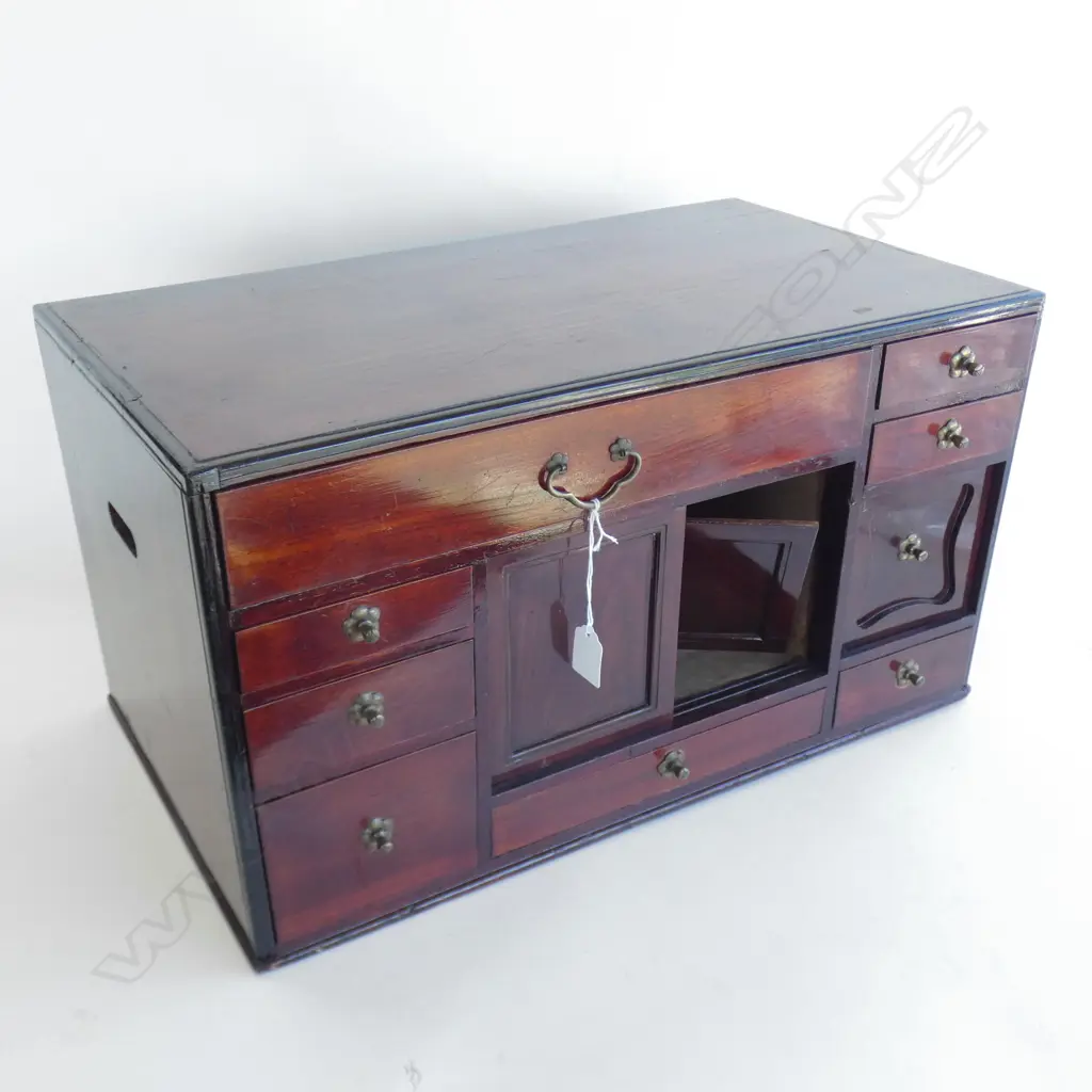 VINTAGE ORIENTAL COLLECTOR'S CHEST 8 DRAWERS 3 DOORS. 550x 320x310mm GOOD POLISH Image 1++
