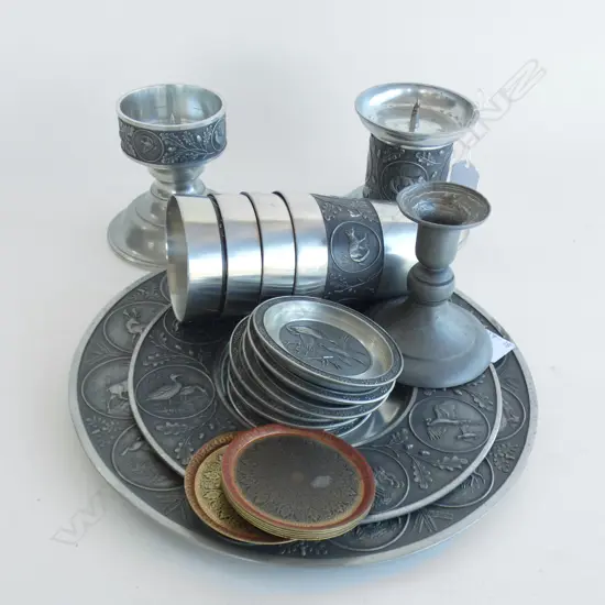 14 PCS GERMAN PEWTER; 2 PLATES (LARGEST DIA 270MM) 6 COASTERS, 4 CUPS & 2 CANDLE HOLDERS + OTHERS 