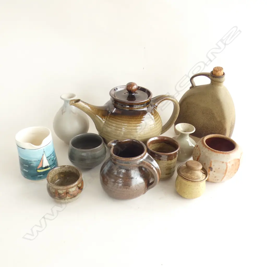 BOX ELEVEN VARIOUS POTTERY PIECES INCL TEAPOT, FLASK ETC.. Image 1++