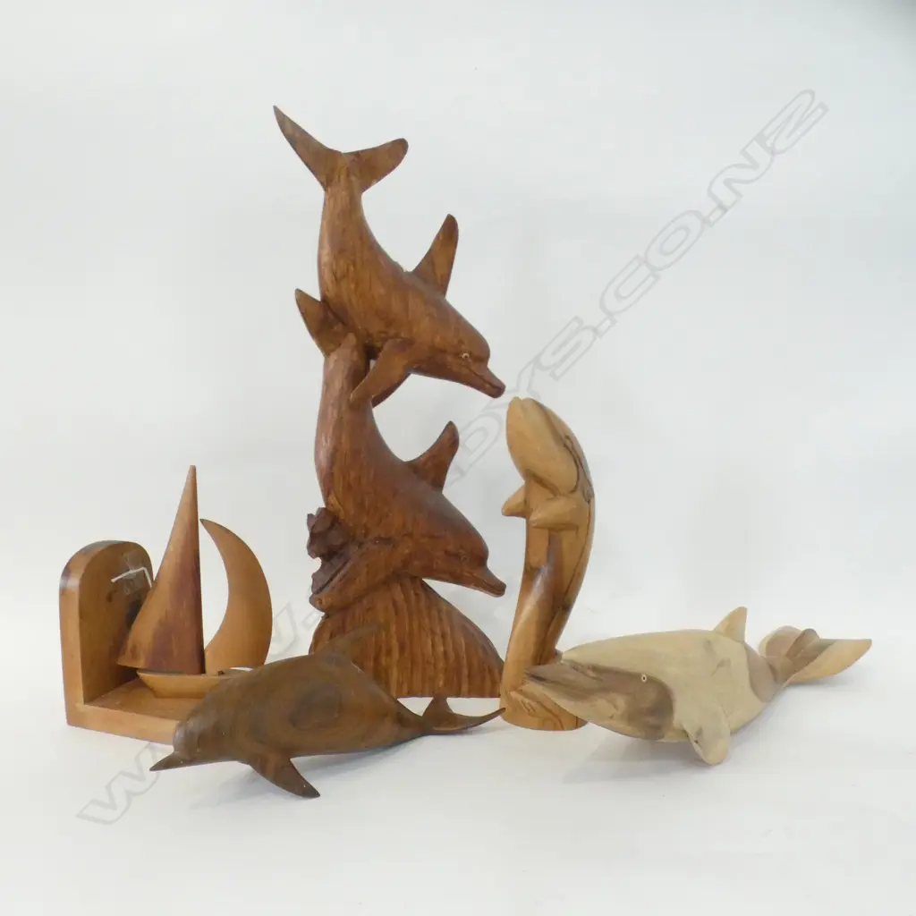 4 WOODEN CARVED DOLPHINS + SHIP BOOKEND H 490 MM Image 1++