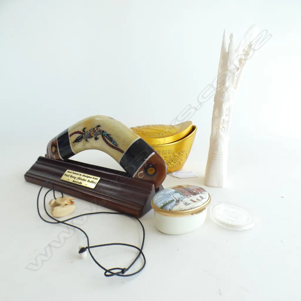 5 ASST. OBJECTS; PAINTED BOOMERANG, CARVED BONE, TRINKET BOX, CHINESE YEAR OF OX COIN, CASED + NECKLACE Image 1++