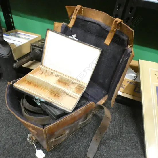 OLD LEATHER THEODOLITE BAG WITH BOXES OF GLASS SLIDES 