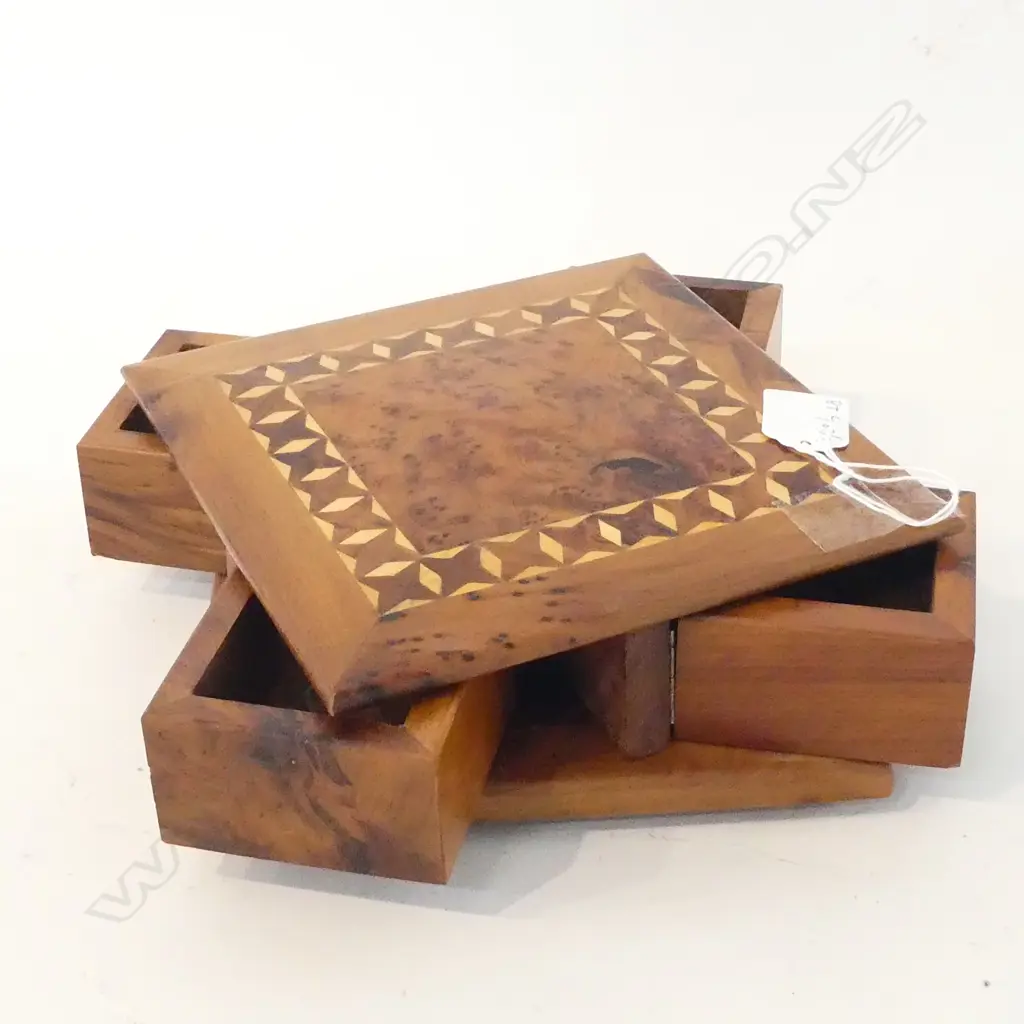 MECHANICAL JEWELLERY BOX BURR w. INLAY 180mm sq Image 1++