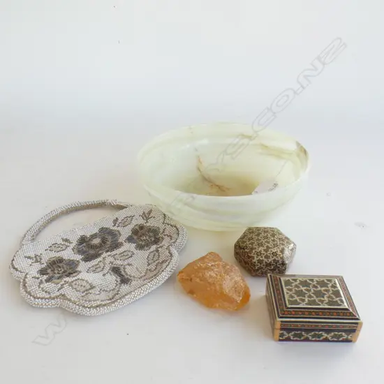 ONYX BOWL 200mm dia + VINTAGE BEADED PURSE, 2 INLAID CONTAINERS + KAURI GUM PIECE
