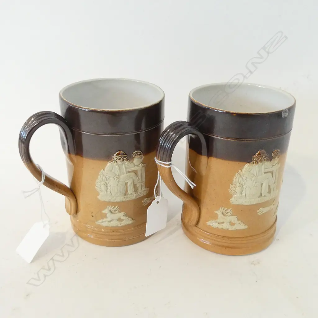2 ROYAL DOULTON STONEWARE HARVEST TANKARDS, 1 FAULTED, H. 135mm Image 1++