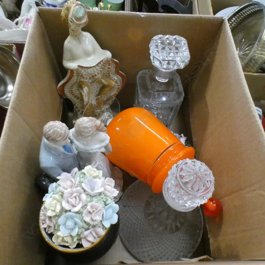 BOX LOT FIGURINES, DECANTERS ETC Image 1++