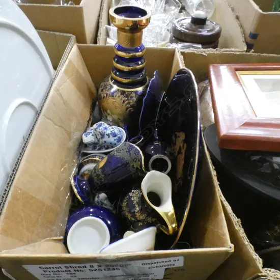 BOX LOT LIMOGES, BLUE ITALIAN DECANTER (NO STOPPER) ETC