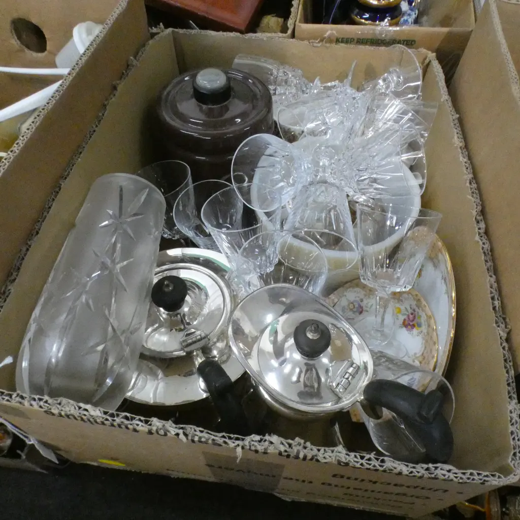 BOX LOT ASST. TEAPOTS & CRYSTAL Image 1++