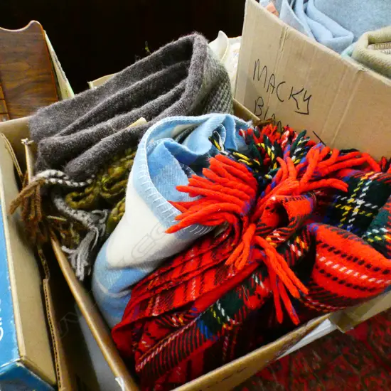 BOX LOT WOOLEN BLANKETS & CUSHION COVER ETC