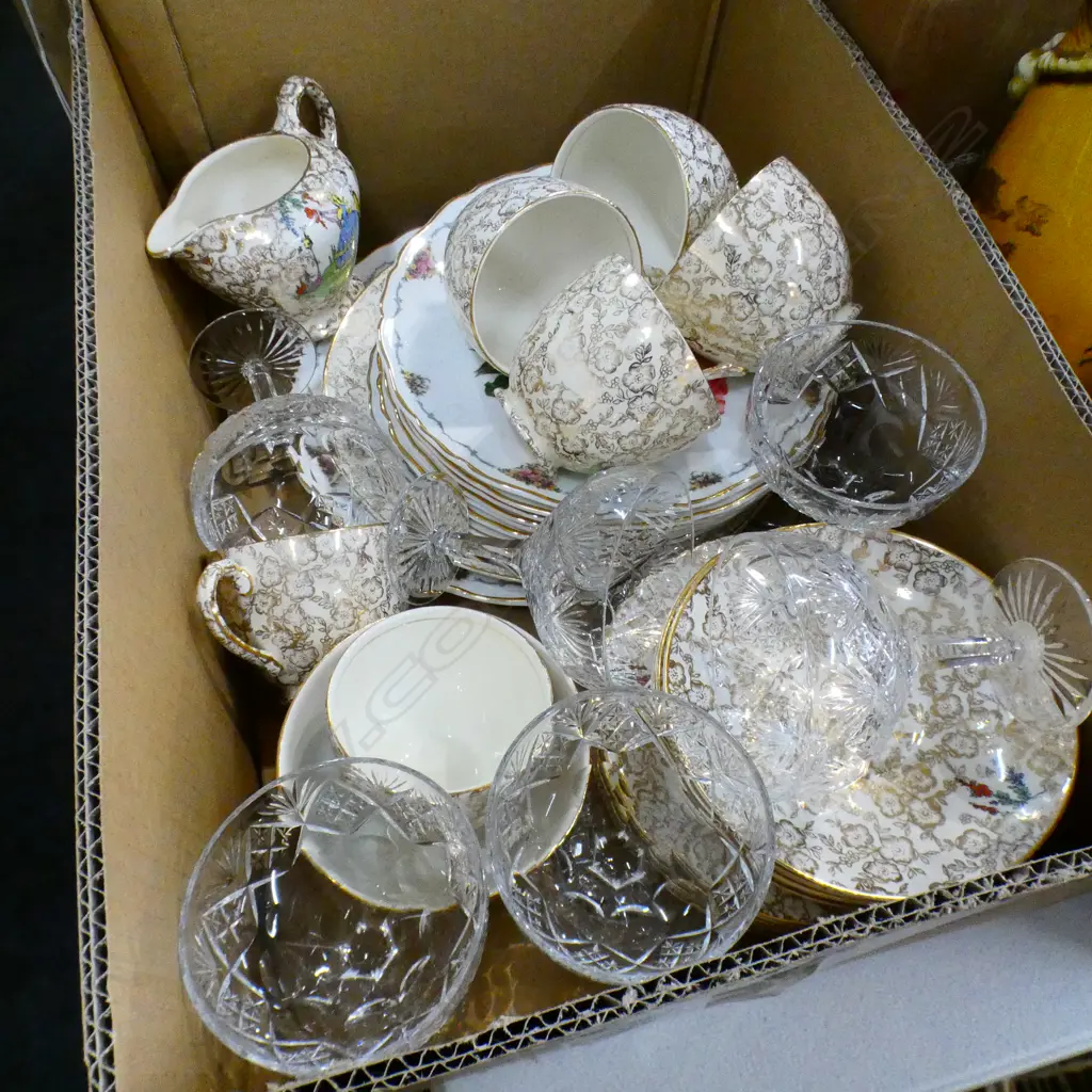 BOX LOT ASST. CHINA + SET OF 6 CRYSTAL CHAMPAGNE GLASSES Image 1++