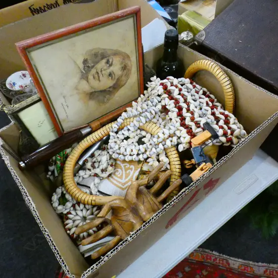 BOX LOT ASST. TRIBAL ITEMS;  SHELL ACCESSORIES, TEA TOWELS ETC