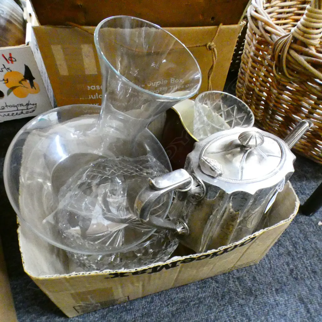 5 ITEMS; 2 CRYSTAL VASES, WINE DECANTER, EP TEAPOT, ROUGE ROYAL JUG (SCATCHED) Image 1++